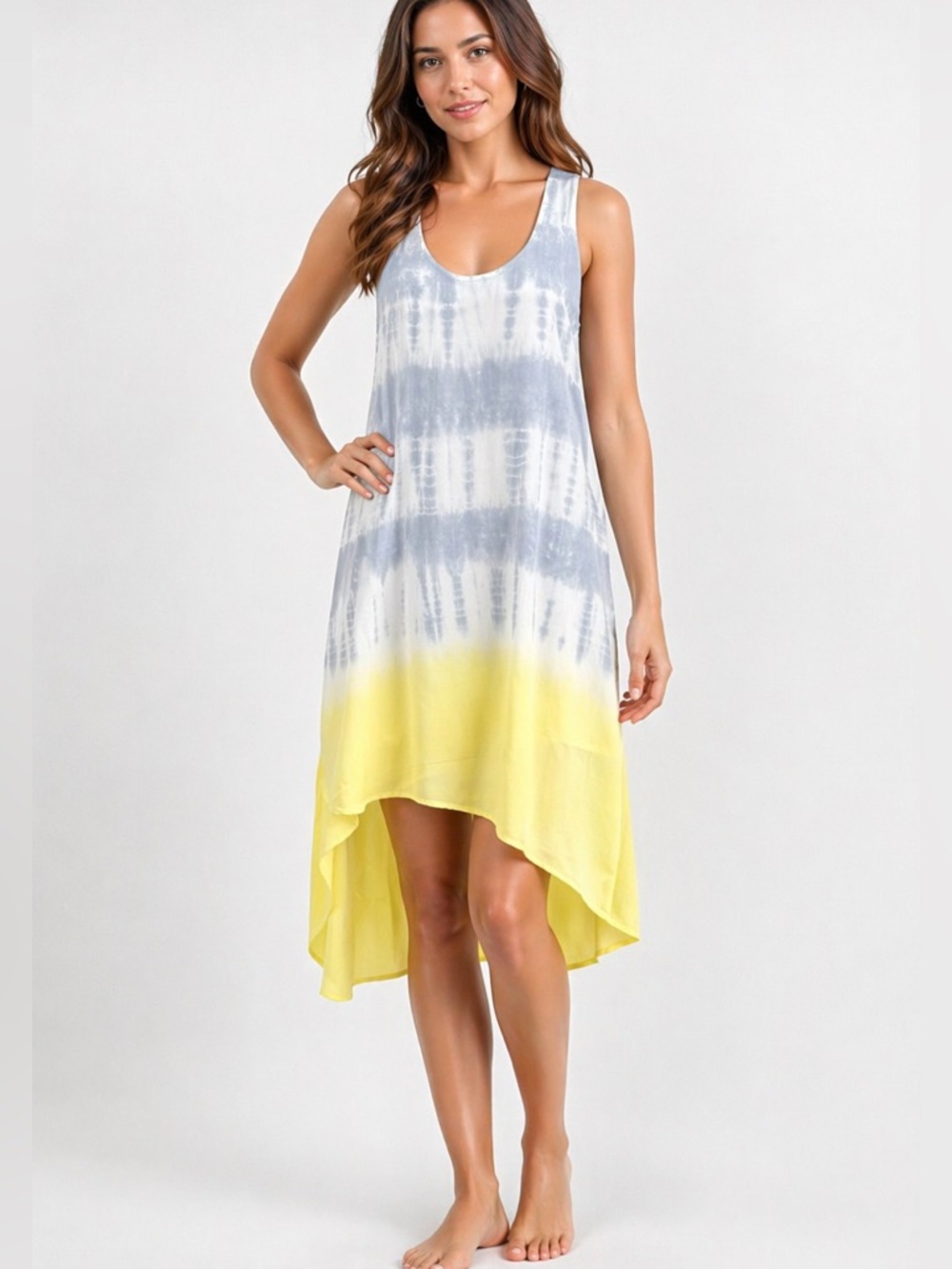 Splendid Gray Tie Dye Ombre Asymmetric Hi Low Layered Tank Dress Sleeveless
